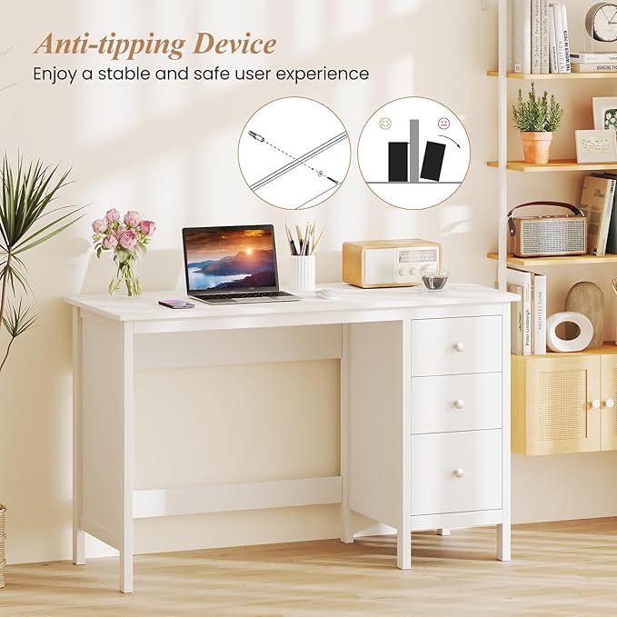 Giantex White Desk with Drawers 48 Inch Home Office Desk with Anti-Toppling Device Multifunctional Computer Workstation Wood Study Writing Desk for Small Spaces Bedroom
