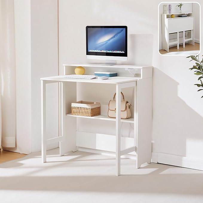 Folding Desk with Charging StationFold Out Desk with Monitor StandStorage ShelfSmall Foldable Computer Desk for Compact Home Office Spaces (White)
