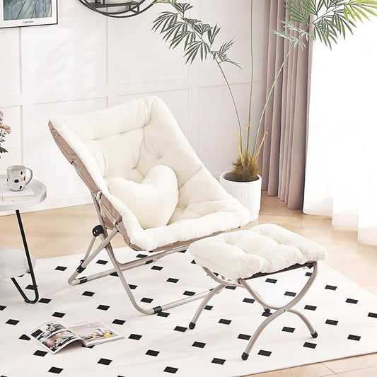 Saucer Chair with Ottoman Comfy Oversized Folding Chair Faux-Fur Reading Chair for Adults Foldable Accent Lazy Chair Metal Frame Chair for Living Room Bedroom Beige