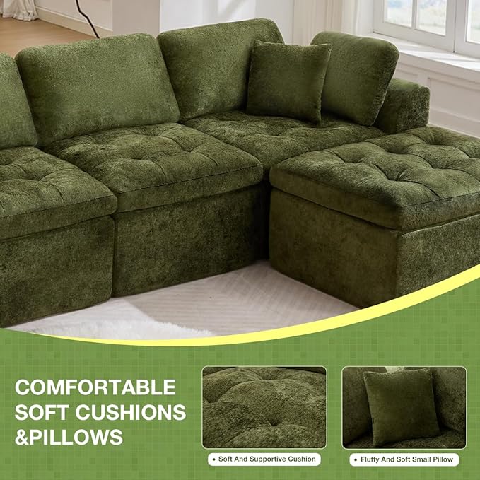 110 Cloud Sectional Couch for Living Room Upholstered L-Shape Modular Sofa with Movable Ottoman 3-Seater Deep-Seat Foam Couch Comfortable Convertible Sectional for Home &amp Apartment（Green）