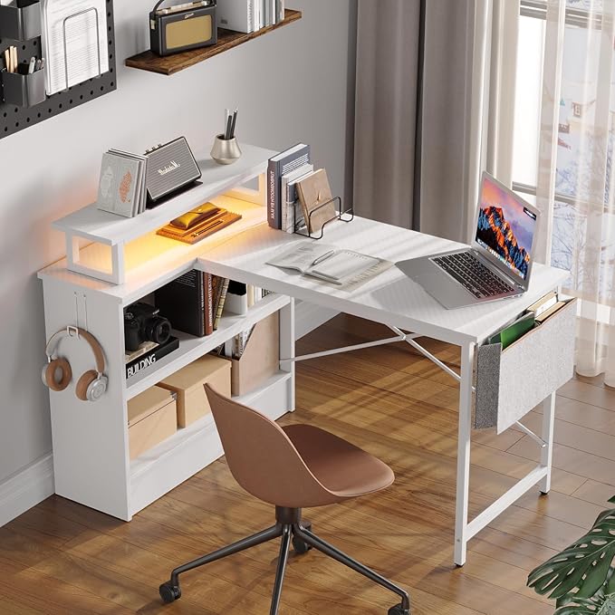 Bestier L Shaped Gaming Desk with LED Lights 42 Inch Computer Desk with Monitor Stand &amp Open Storage CabinetWriting Study Corner Desk for Home Office Bedroom White
