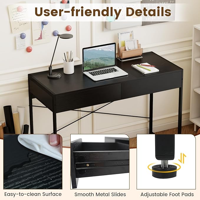 GOFLAME Modern 2-Drawer Computer Desk Home Office Desk w/Reinforced Heavy-Duty Metal Frame Versatile Study Writing Desk w/Anti-Tip Kit Ideal for Study Office Small Spaces Black
