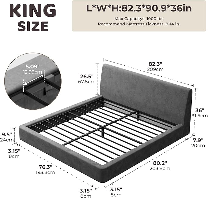 RECCI AirFrame King Size Bed Frame with Ergonomic Angled Foam Cushioned Headboard Minimalist Design Platform Bed Frame No Box Spring Needed Easy Assembly (Moon Grey)