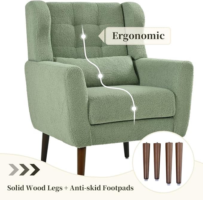 Modern Accent ChairChenille Arm Chairs for Living RoomUpholstered Mordern ArmchairComfy Soft Padded Lounge Chair in Small Space Bedroom w/Pillow Solid Wood Leg (Light Green +Teddy)