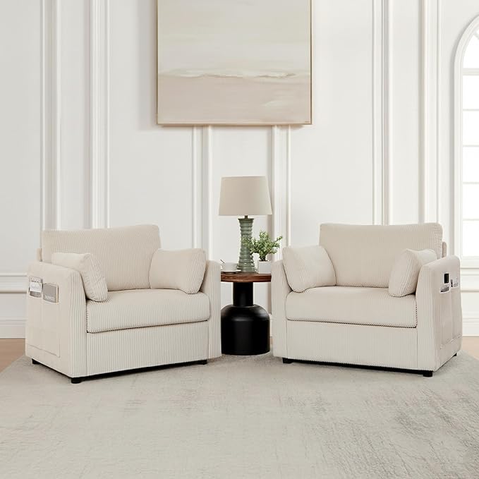 38 Modern Accent Chair Comfy Reading Chair Accent Chairs for Living Room Oversized Armchair for BedroomApartment (Beige 2 Chairs)