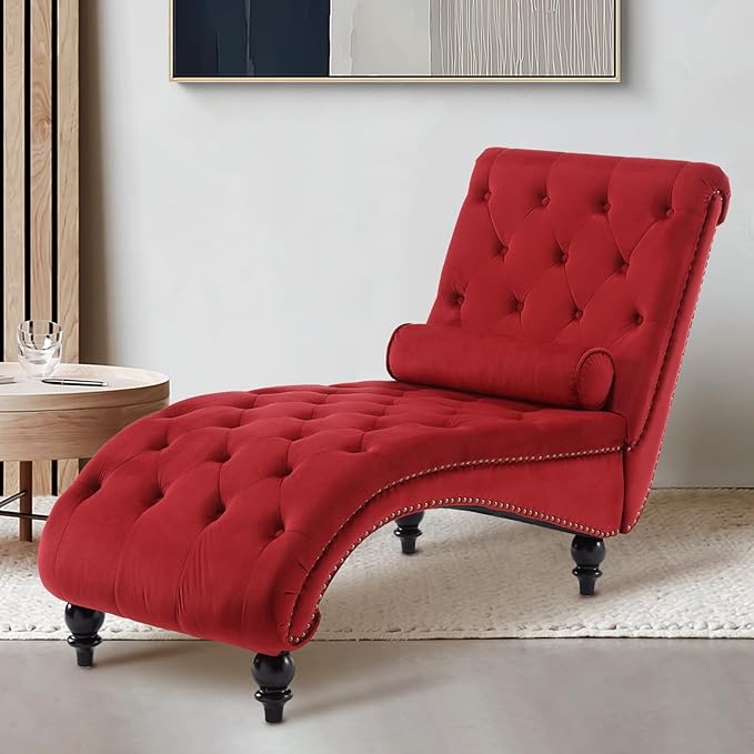 Velvet Chaise Lounge Chair Indoor Comfy Upholstered Chaise Lounge with Pillow and Solid Wood Legs Button Tufted Leisure Sofa Recliner for Living Room Bedroom Office Apartment (Red)