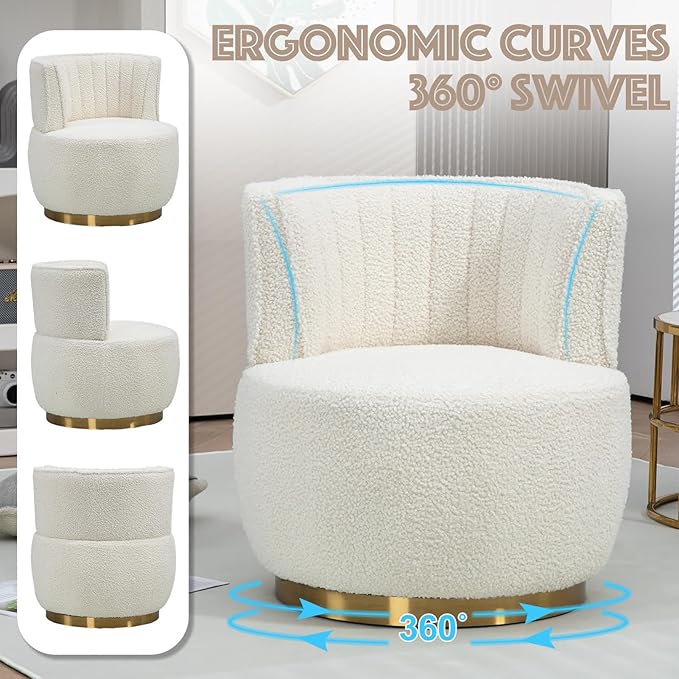 Swivel Barrel Chair White Teddy Modern Accent Chair Round Upholstered Comfy Side Chair Sherpa Chair with Gold Base for Nursery Living Room Bedroom Office Waiting Room Hotel White