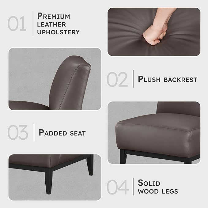 Lexicon Modern Living Room Leather Accent Chair Luxury Genuine 100% Top Grain Leather Upholstered Armless Chair Comfortable Seat Black Solid Wood Legs for Bedroom/Office Easy Assembly Dark Brown