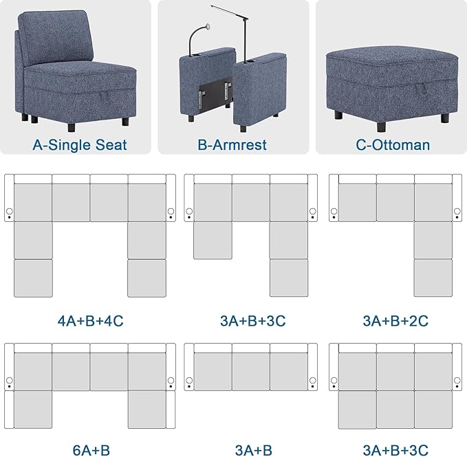 Armrest Module for Modular Sectional Sofa Couch Sofa Armrest with Cup Holder Couch Caddy with Storage Wireless Charging Stand &amp LED Light IncludedBlue