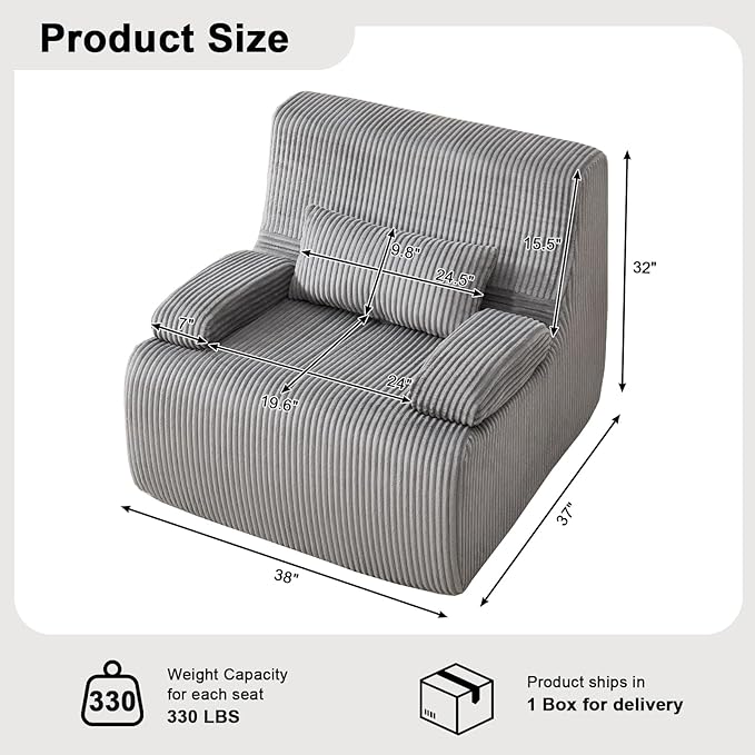 Boneless Chair for Small SpaceCorduroy Cloud Chair Foam Couch with Wide ArmrestFluffy Comfy Reading Single Sofa Chairs for Living Room Bedroom Apartment (Grey)