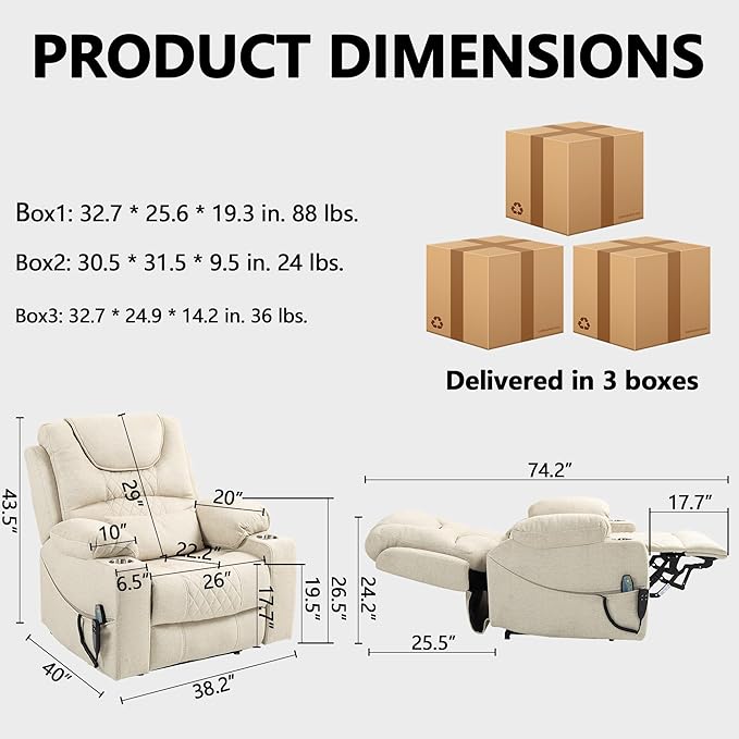 Large Power Lift Recliner Chair Sofa with Massage and Heat for Big and Tall ElderlyInfinite PositionsDual MotorCup HoldersExtended FootrestVelvet Home Theater Seat