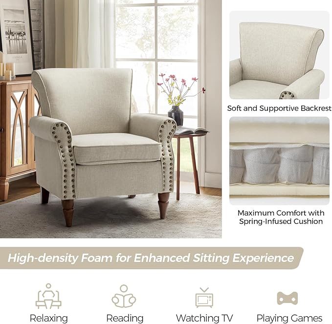 HULALA HOME Accent Chair with Wood Legs &amp Removable Cushion Modern Wingback Armchair with Nailhead Trim Comfy Upholstered Lounge Chair Single Sofa Chairs for Living Room Bedroom Oatmeal