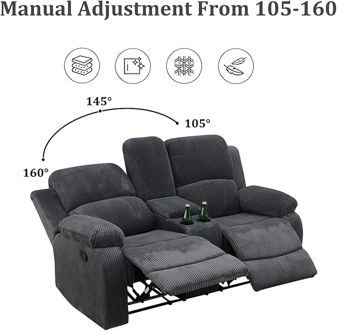 Manual Recliner Sofa 3 Seater Reclining Sofa Dark Grey Flannel Recliner Couch for Living Room