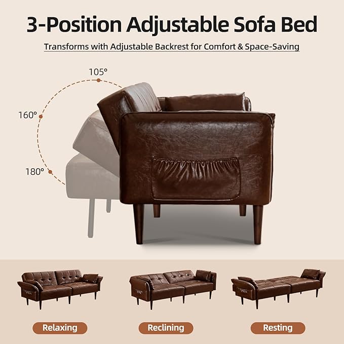 Futon Sofa Bed Sleeper Sofa Small Couch with Storage Adjustable Armrests Pillows Faux Leather Loveseat Mid Century Modern Couches for Living Room Bedroom Apartment Red Brown