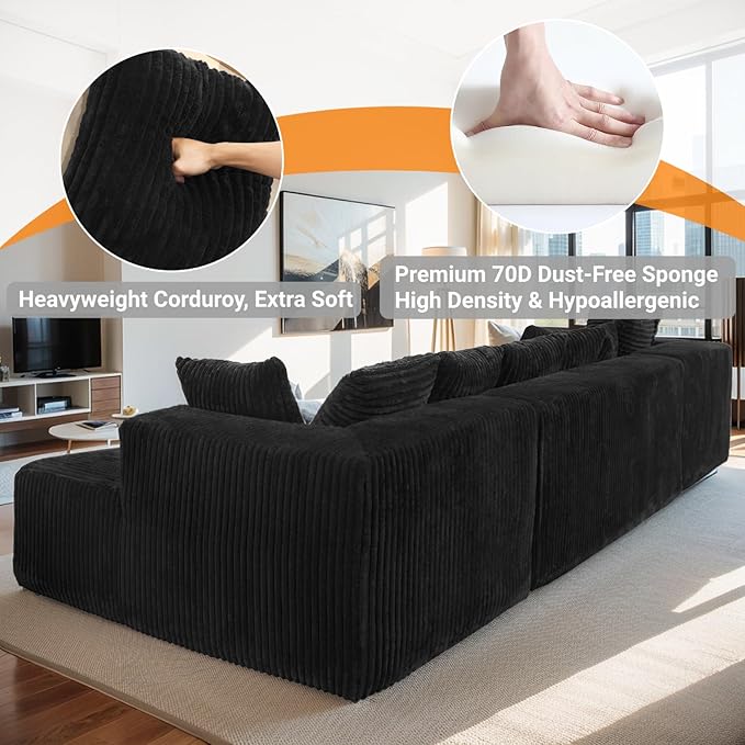 130 Modular Boneless Couch Convertible Sleeper Sofa Corduroy Sectional Sofa for Living Room Modern Cloud Couch with Deep Seat Chaise Comfy Oversize 4-6 Seat No Assembly (Black)