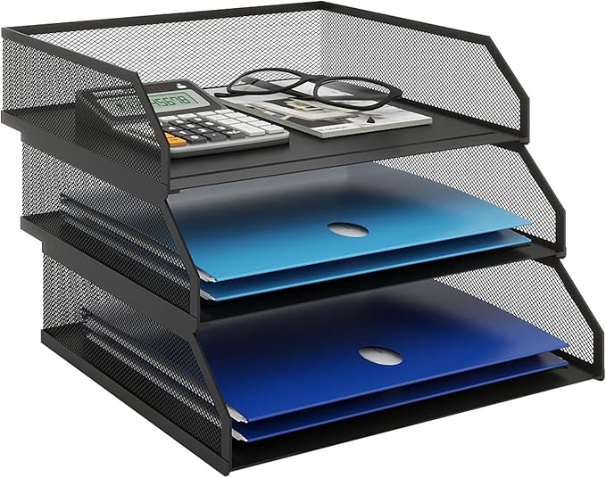 Natwind 3-Tier Stackable Paper Tray Metal Mesh Desktop Organizer A4 Paper Sorter Letter TraysFile Folder Sorter Organizer with Sliding Tray for Home Office School (Black)