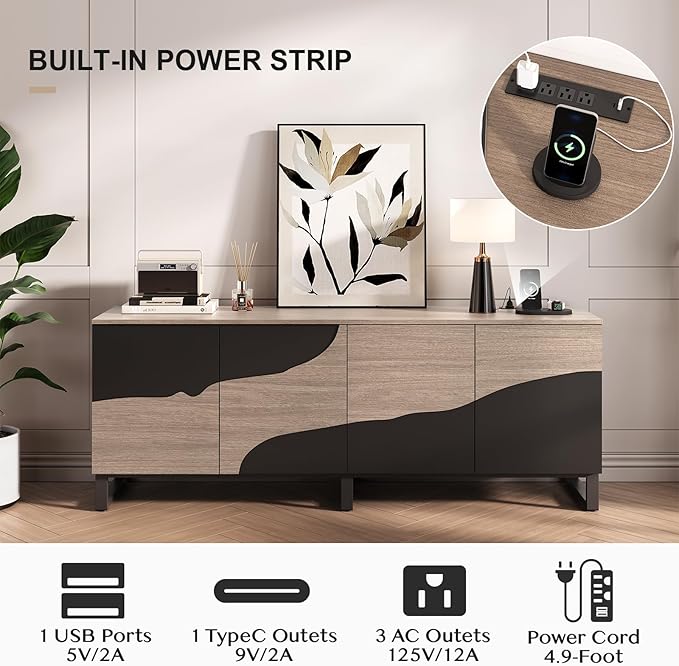 70 TV Stand with Power Outlet Black Large TV Stands for 75 Inch TV Entertainment Center TV Cabinet with Storage and Adjustable Shelf Live Edge TV Console Table for Bedroom Living Room