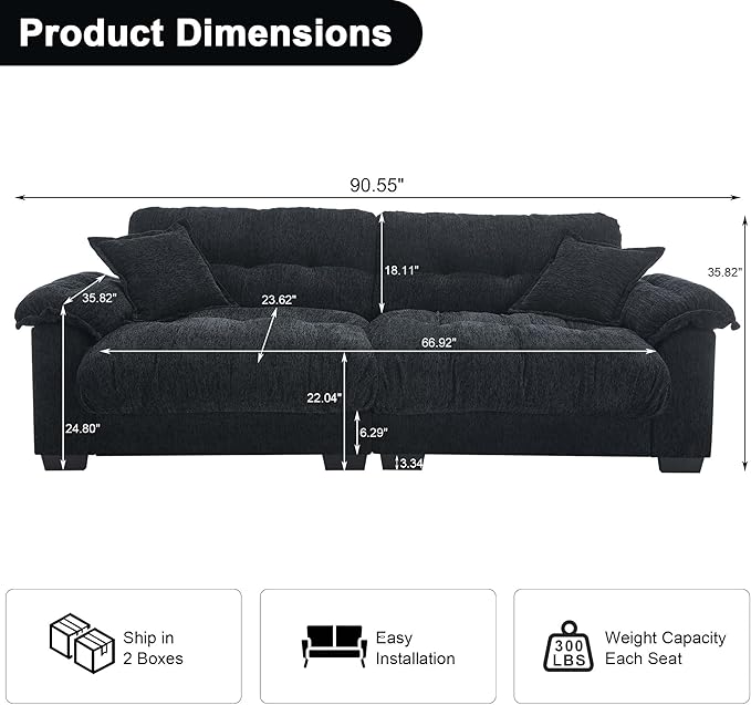 90.55 Black Loveseat Sofa for Living Room Cloud Couch Deep Sectional Sofa for Small Spaces 2 Seater Small Loveseat with Wide Armrest Pillows Comfy Sleeper Sofa Bed Black