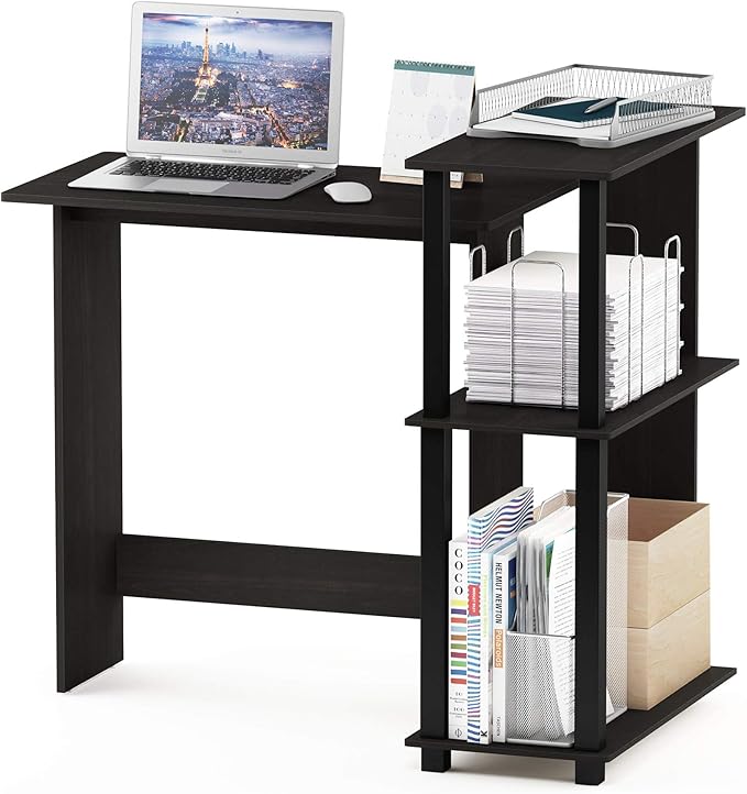 Furinno Abbott Desk 38.1 Wide L-Shaped Gaming Desk with 3-Tier Bookshelf Corner Computer Desk Office Desk for Home Office Bedroom Dark Espresso