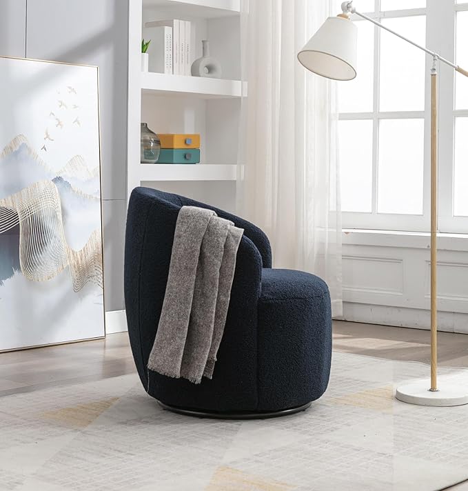 Swivel Barrel Accent Chair Modern Teddy Upholstered 360° Swivel Chair Leisure Chair Single Sofa for Adults Teens for Living Room Hotel Bedroom Office Coffee Shop (Dark-Blue + Upholstered + Foam)