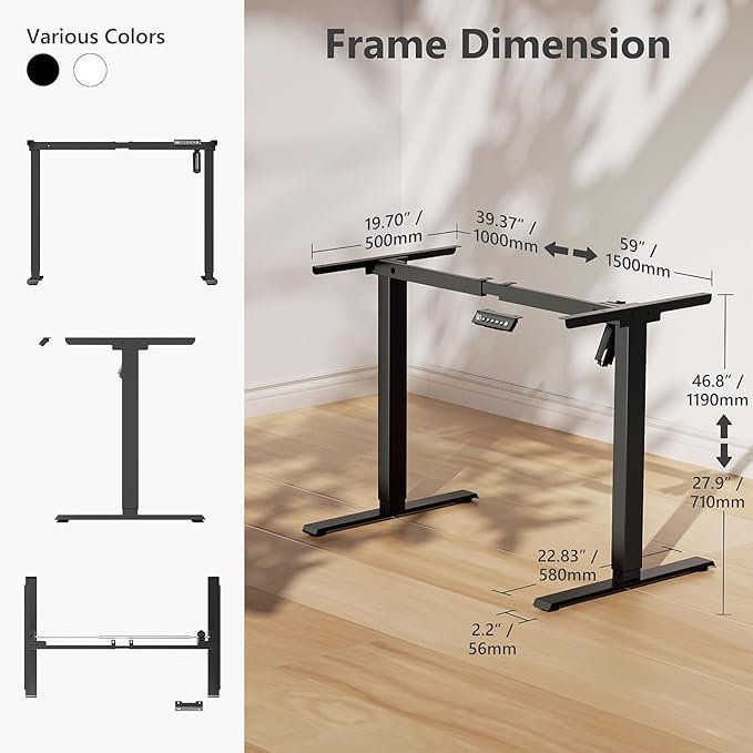 48 x 24 in One-Piece Electric Standing Desk Adjustable Height Sit to Stand Up Desk for Home Office Work &amp Study Black Frame &amp White Desktop (2 Packages)