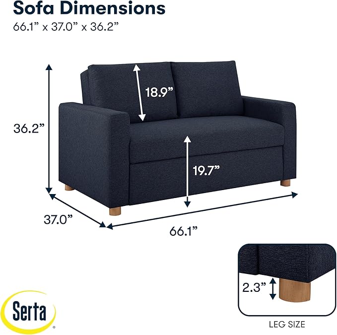 Serta Tulsa 66.1 Convertible Sleeper Loveseat Full Size Dreamcoil Comfort FingerGuard Pinch Point Protection Woven Fabric Navy Blue