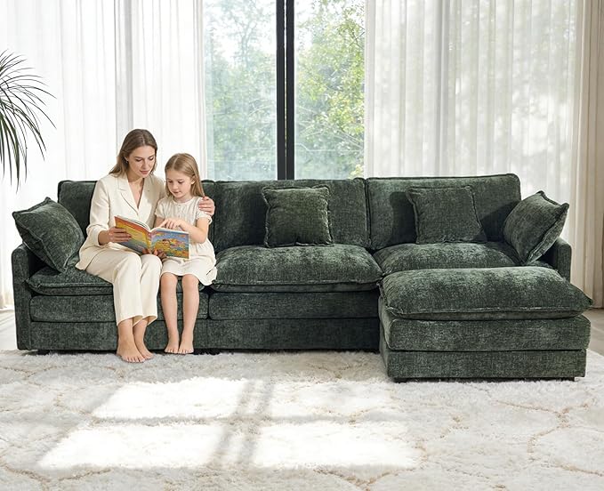 Modular Sectional Sofa Deep Seat Chenille L Shaped Couch with Throw Pillows &amp Movable Ottoman 3 Seater Comfy Cloud Sectional Couches for Living Room Bedroom Apartment Green