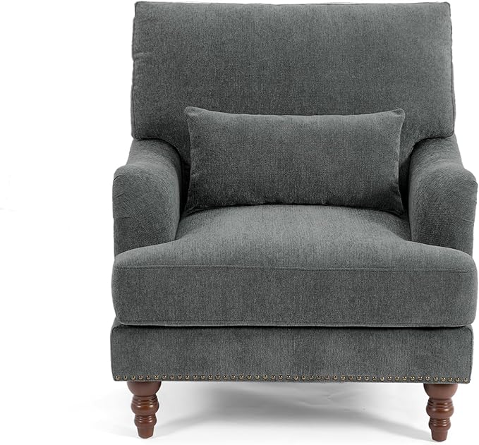 UIXE Accent Chairs Set of 2 Chenille Upholstered Armchair for Living Room Comfy Arm Chair Single Sofa Bedroom Retro Reading Seat with Solid Wood Legs - Gray