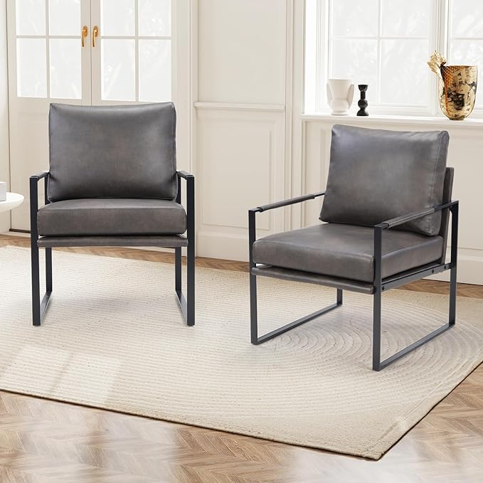 INZOY Mid Century Modern Accent Chair with Removable Cushions Set of 2 Comfy PU Leather Living Room Chairs with Thicker Backrest and Cushion Metal Frame Design Dark Grey