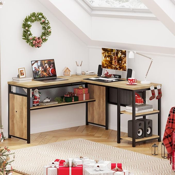 FATORRI L Shaped Computer Desk with Wood Shelves Industrial Rustic Home Office Corner Desk with Metal Legs (Rustic Oak 59 Inch)