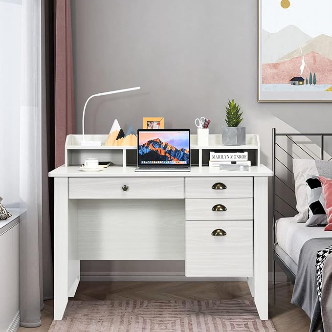Tangkula White Desk with 4 Storage Drawers &amp Hutch Home Office Computer Vintage Desk Writing Study Table with Storage Shelves Wooden Executive Desk (White)
