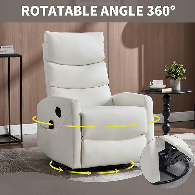 Manual Swivel Rocker Recliner Chair for Adults Overstuffed Glider Recliner for Nursing with Vibration Massage &amp Heat Living Room Rocking Recliner 3-Stage backrest Faux Leather White