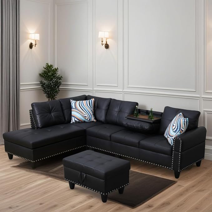 FONTOI L Shaped Sectional Couches for Living Room Modular 4 Seat Sofa with Ottoman Storage Modern Couch with Chaise for Bedroom Apartment Furniture Black