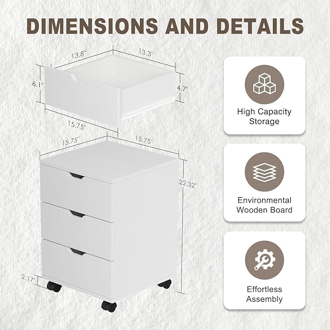 3 Drawer File Cabinet for Home Office 3-Drawer Vertical Filing Cabinet Rolling Wood Mobile File Cabinets Under Desk for Home Office with Casters (White)