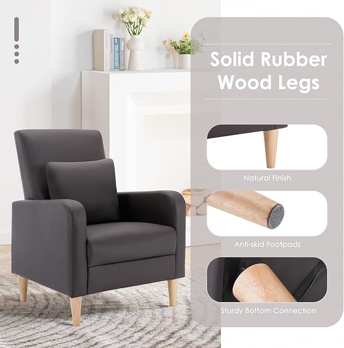 COLAMY Modern Upholstered Accent Chair Armchair with Pillow PU Leather Reading Living Room Side ChairSingle Sofa with Wood Legs Brown