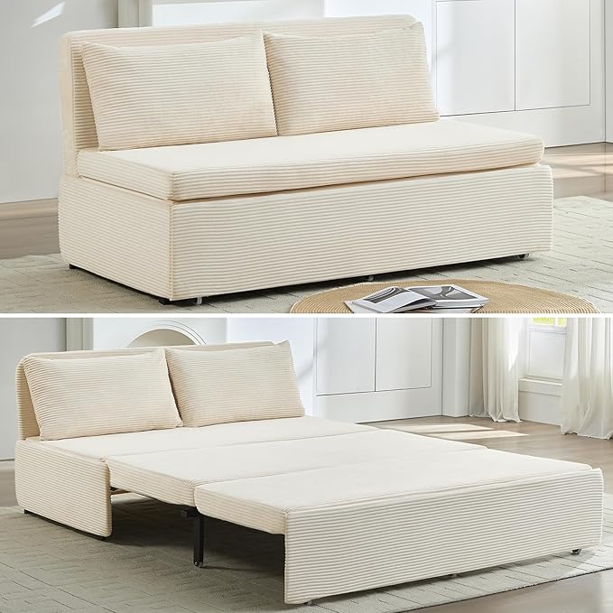 Mjkone 64 Width Sofa Bed Queen Size with Pull Out Couch Beds 2-in-1 Modern Corduroy Living Room Pull Out Sleeper Sofa Bed Couch with Cushions and Throw Pillows for Apartment Home Office Beige