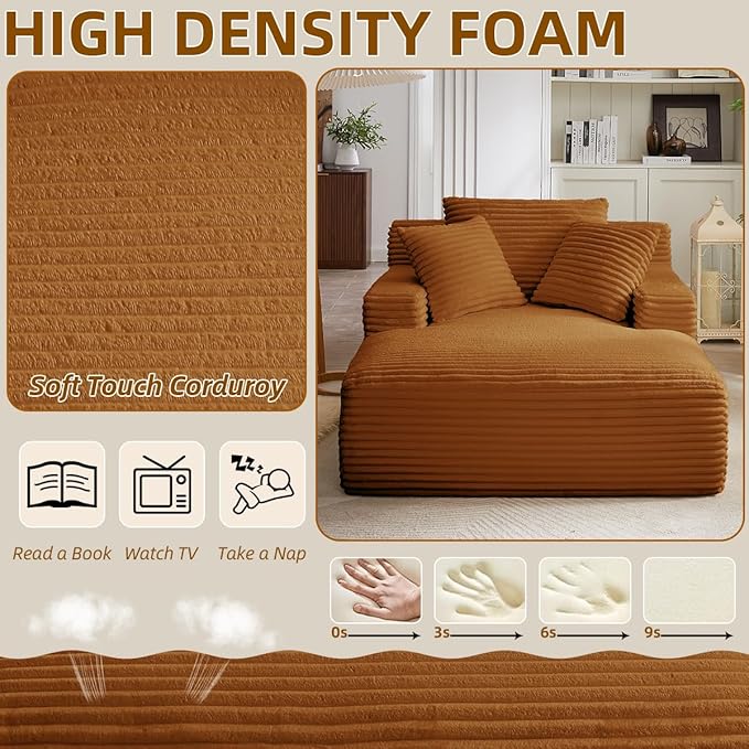 Oversized Chaise Lounge Chair Indoor Bedroom Comfy Corduroy Upholstered Sofa Chair Deep Seat Single Sofa Couch No Assembly Required Sleeper Chair Sofa for Living Room (Orange)