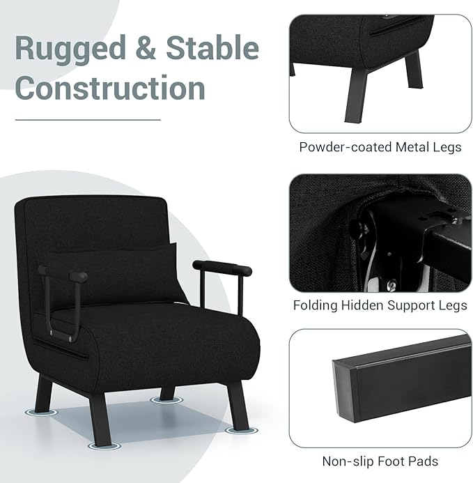 S AFSTAR 4 in 1 Convertible Sofa Bed Sleeper Chair Folding Sofa Arm Chair with Pillow and 6 Position Adjustable Backrest Full Padded Lounger Couch Bed for Home/Office (Black)