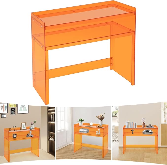 Acrylic Console Table 39.4×11.8×31.5in Laptop Workstation Study Table Modern Home Office Acrylic Console Desk for Living Room Office Entryway Hallway (Orange)