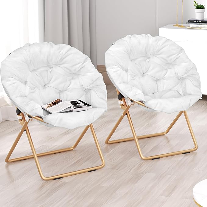 Foldable Oversized Moon Chairs Set of 2 Large Soft Lazy Cozy Comfortable Faux Fur Round Saucer Moon Chairs Set of 2 for Teens and Adults White