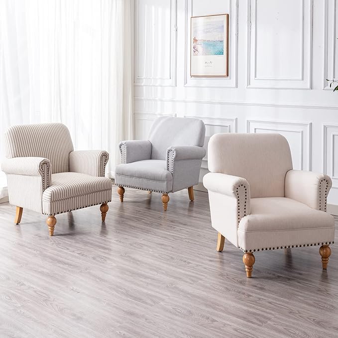 Linen Accent Chair Mid-Century Modern Living Room Armchair with Nailhead Trim &amp Wood Legs Comfy Upholstered Single Sofa Chair for Lounge/Bedroom/Reception Khaki Stripe