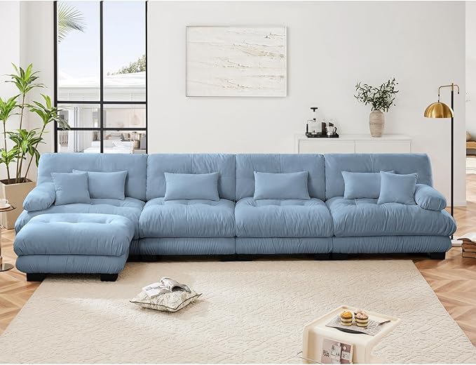 173.2 Oversized L Shaped Couch Chenille Modular Sectional Sofa 4 Seater Deep Seat Sofa with Movable Ottoman Modern Cloud Couch with Thick Seat Cushion Sectional Couches for Living Room Blue