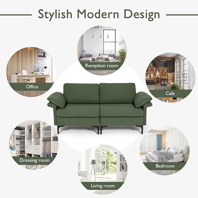 Giantex 72.5 L Loveseat 2-Seat Sofa Couch with Removable Armrest Pillows Metal Frame Legs Comfy Cushions Modern Furniture for Living Room Reception Room Office Easy Assembly Green