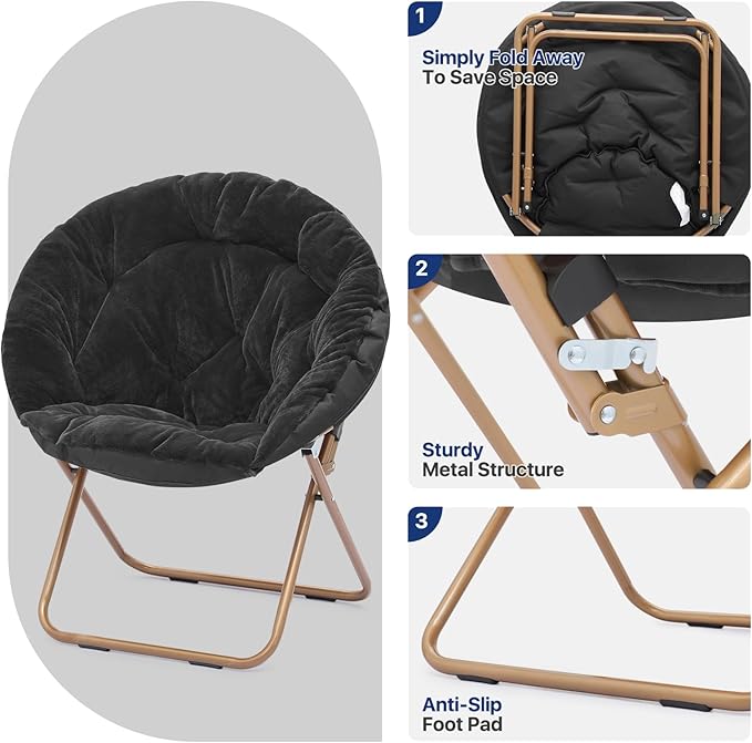Round Saucer Chair for Teens and Adults Faux Fur Folding Living Room Cozy Moon Chairs Set of 2 (Black)