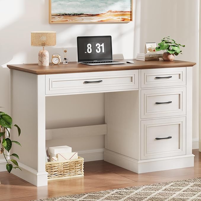 Farmhouse 47 Executive Desk with File Drawer Computer Desk with 4 Drawers Workstation for Study Home Office Writing Unique White.