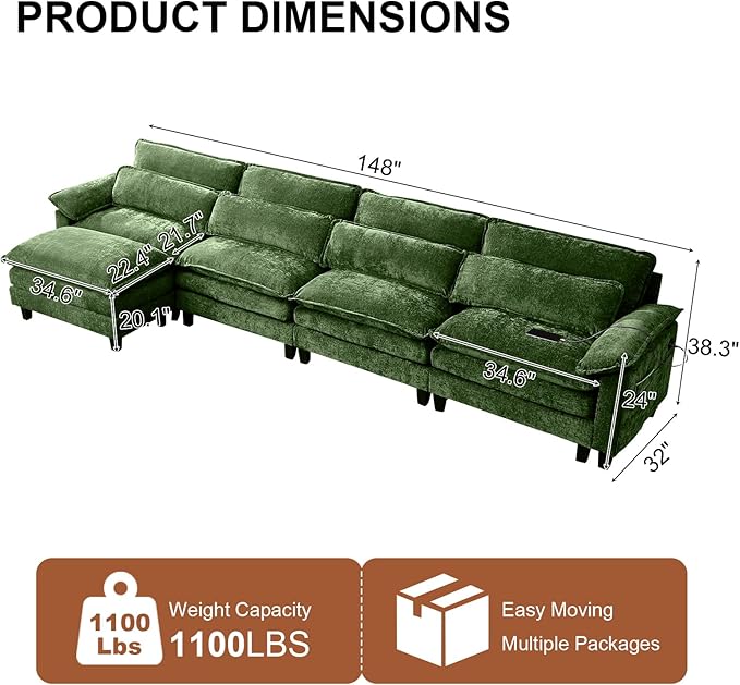148'' Modular Sectional SofaL Shaped Couch with Movable Ottoman Comfy Cloud Sofa with Deep Seat 4 Seat Convertible Sectional Couches for Living Room with USB Charging &amp Side Pockets(Green)