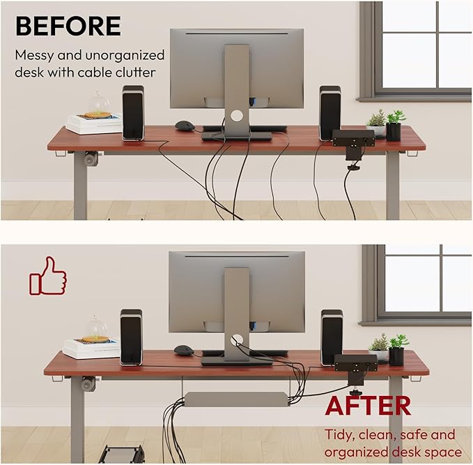 SANODESK Electric Standing Desk with Desk Clamp Power Strip 55x 28 Whole-Piece Desktop Height Adjustable Stand Up Desk with Cable Management Sit Stand Home Office Desk Silver Frame/Mahogany Top