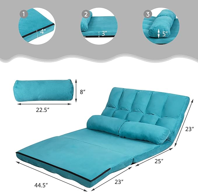 DORTALA Foldable Floor Sofa 6-Position Adjustable Lounge Couch with 2 Pillows &amp Suede Cloth Cover Modern Lounge Mattress Video Gaming Lazy Couch Suede Floor Seating Sofa 71 x 44.5 Blue