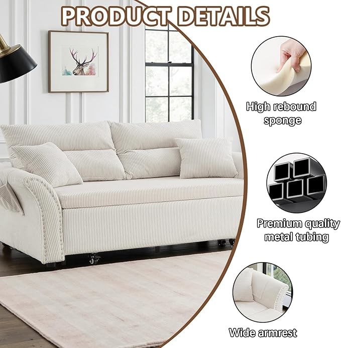 Gexpusm Futon Sofa Bed Queen Size3-in-1 Convertible Sleeper SofaPull Out Bed with Side PocketLoveseat CouchModern Futon Couch for Living RoomSmall SpaceApartmentBedroom (White Corduroy 64) |