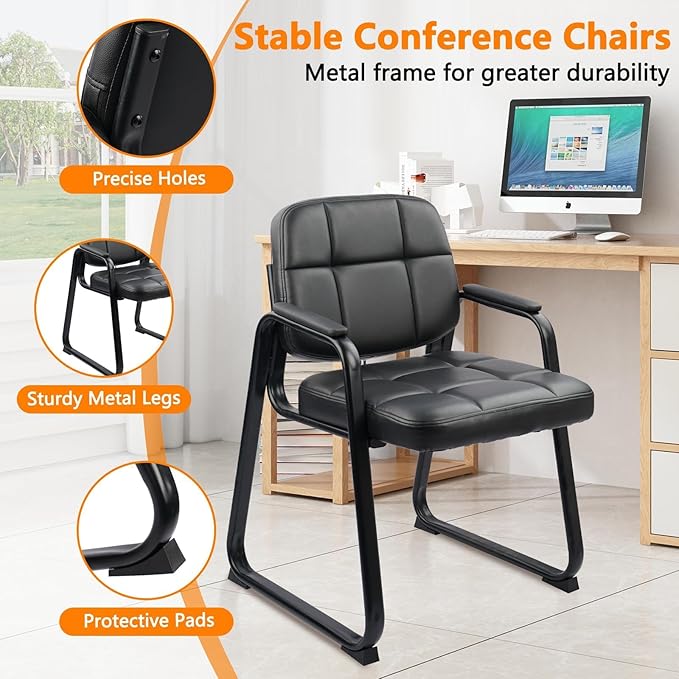 CLATINA Leather Office Guest Waiting Room Chair with Sled Base Reception Chair No Wheels with Armrests and Lumber Support Stationary Desk Armchair for Meeting Conference Lobby Shool Black 4 PK